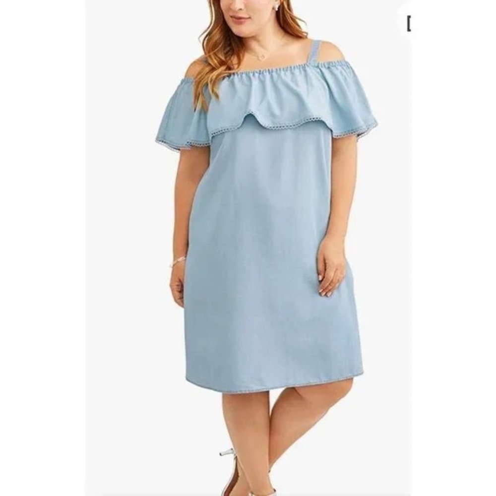 Terra & Sky Off Shoulder Chambray Ruffle Midi Dress Women’s 14W 0X Blue
